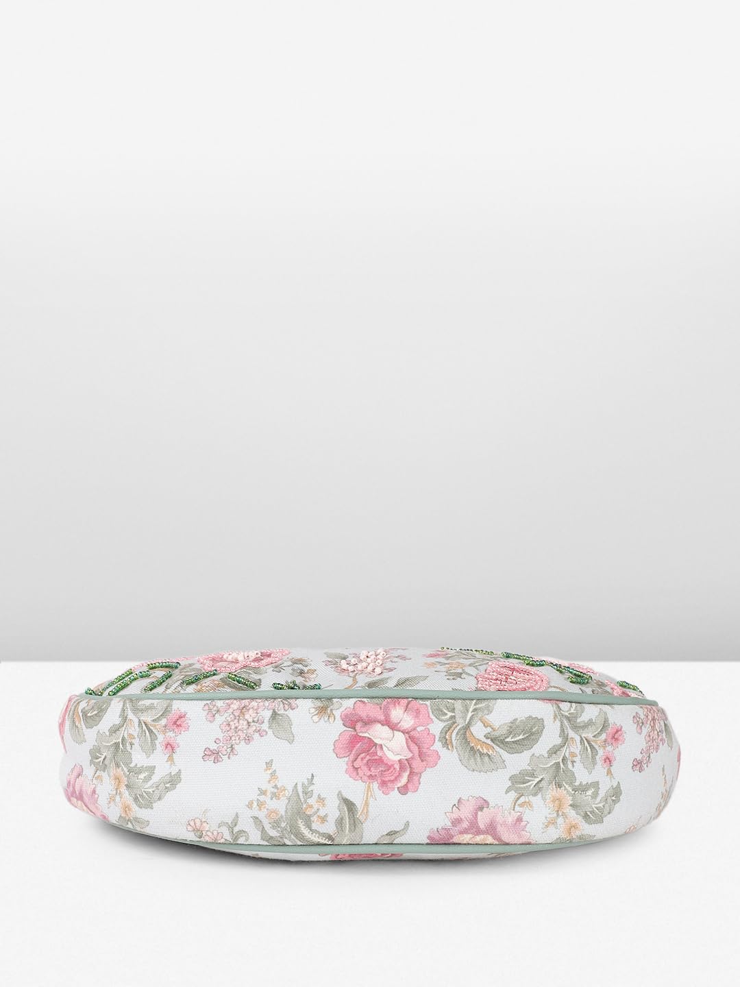 Floral Print Crossbody Handbag, Mint Green Trim, White Canvas with Pink Roses