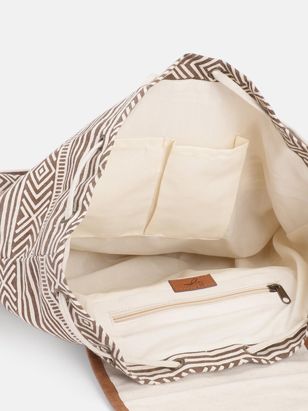 PRIMROSE Boho Canvas Backpack, Beaded Geometric Pattern, Brown and White Striped with Tassels