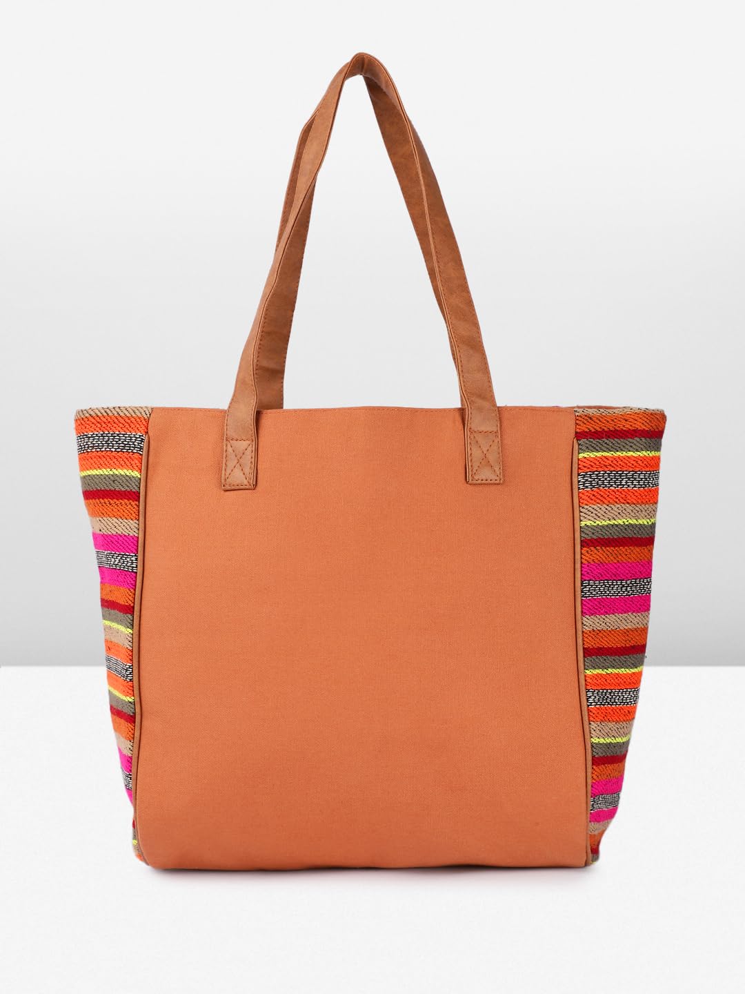 PRIMROSE Striped Woven Tote Bag with Tassel, Multicolour, Brown Handles