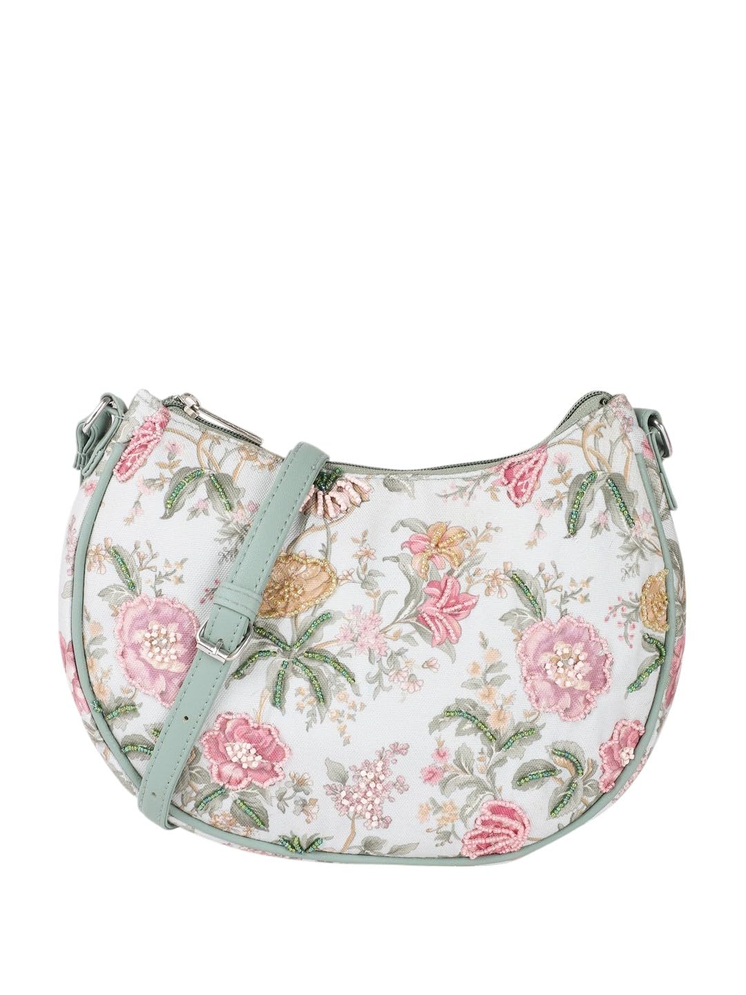 Floral Print Crossbody Handbag, Mint Green Trim, White Canvas with Pink Roses