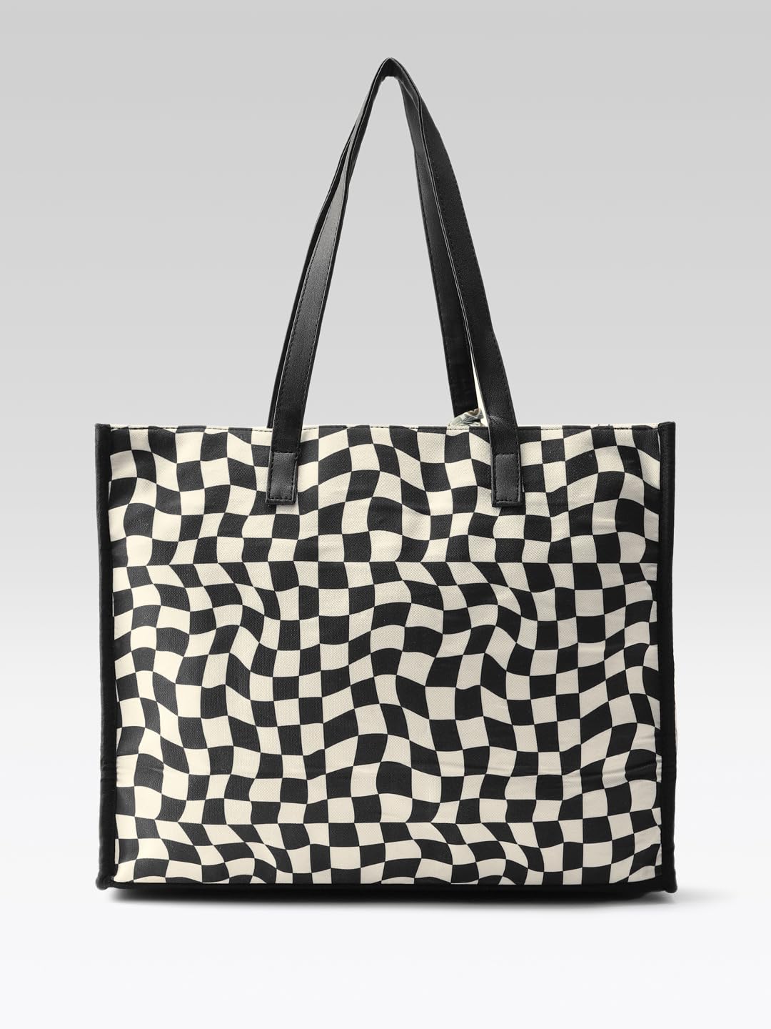PRIMROSE Checkered Tote Bag with Decorative Heart Charm, Black and White Pattern, Large Shopping Handbag