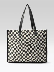 PRIMROSE Checkered Tote Bag with Decorative Heart Charm, Black and White Pattern, Large Shopping Handbag
