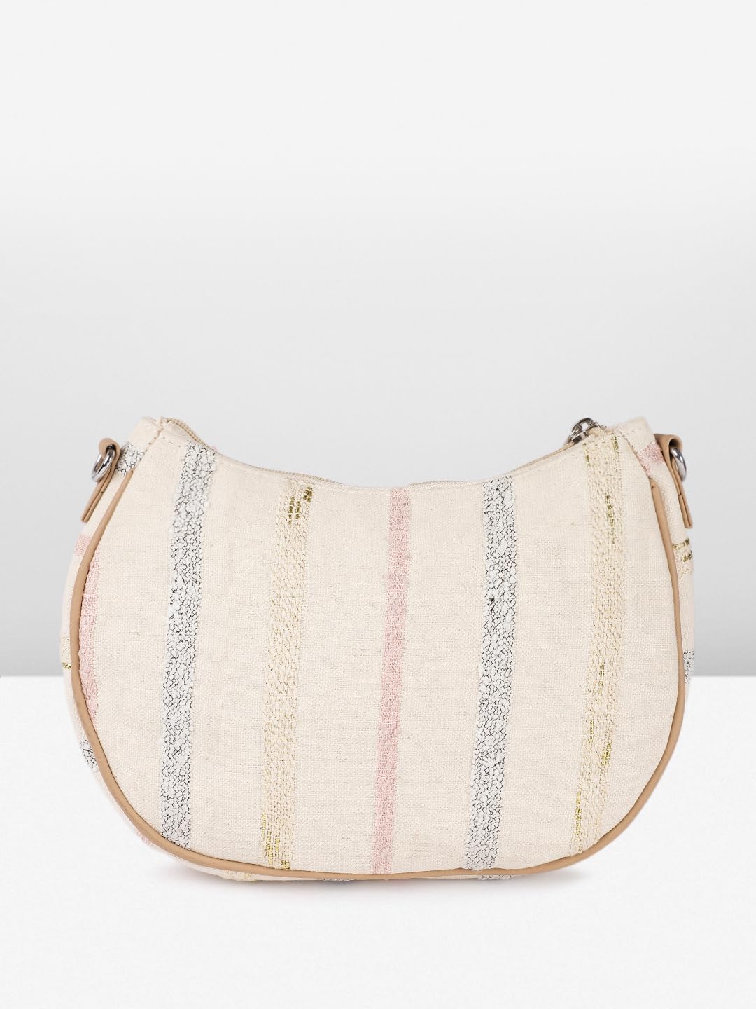 Ladies Floral Crossbody Bag, Beige Canvas with Pastel Embellishments, Studded Stripes Design