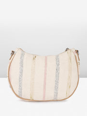 Ladies Floral Crossbody Bag, Beige Canvas with Pastel Embellishments, Studded Stripes Design