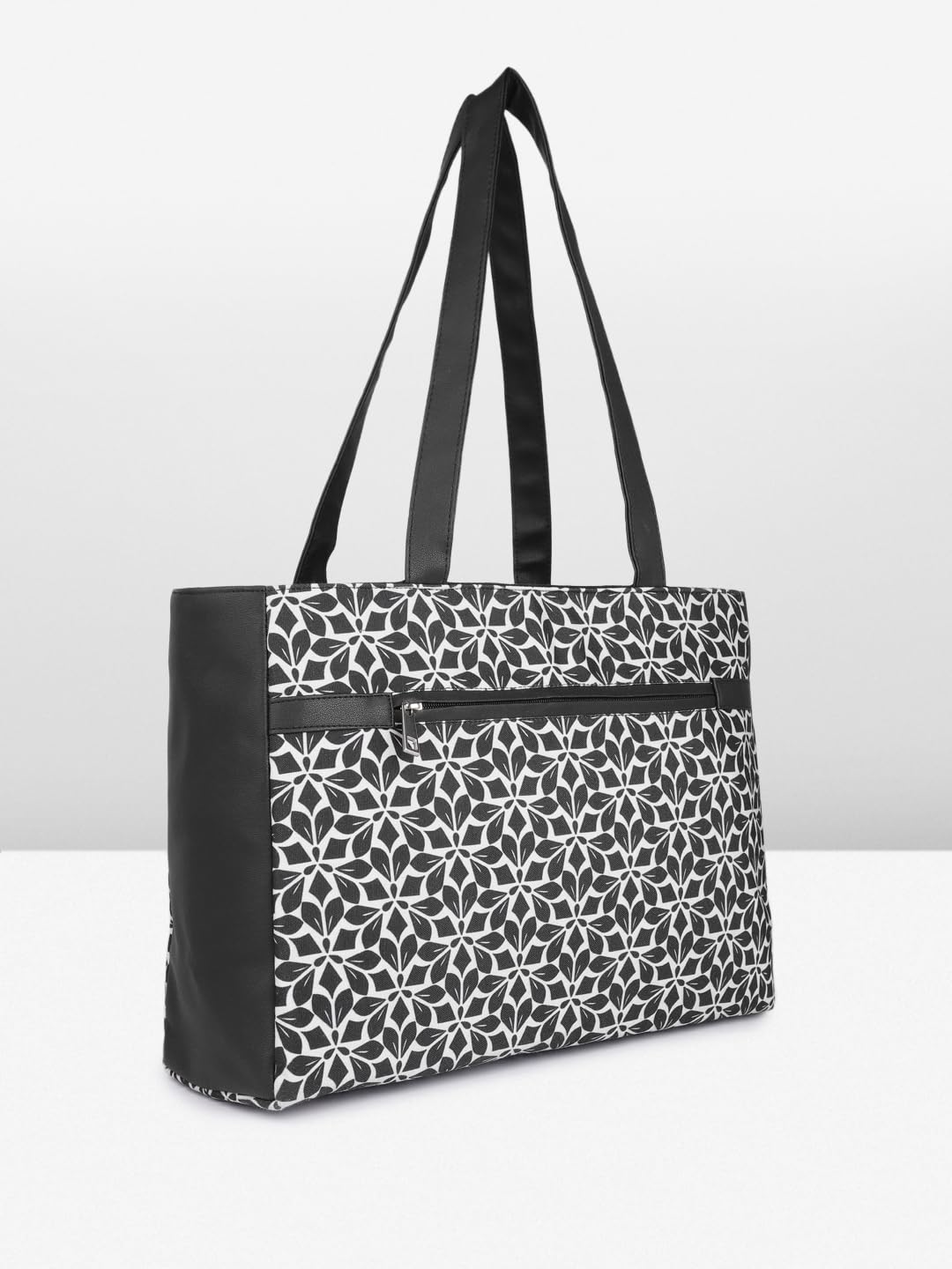 PRIMROSE Floral Pattern Tote Bag with Zip Pocket, Black and White Geometric Design, Large Shoulder Straps