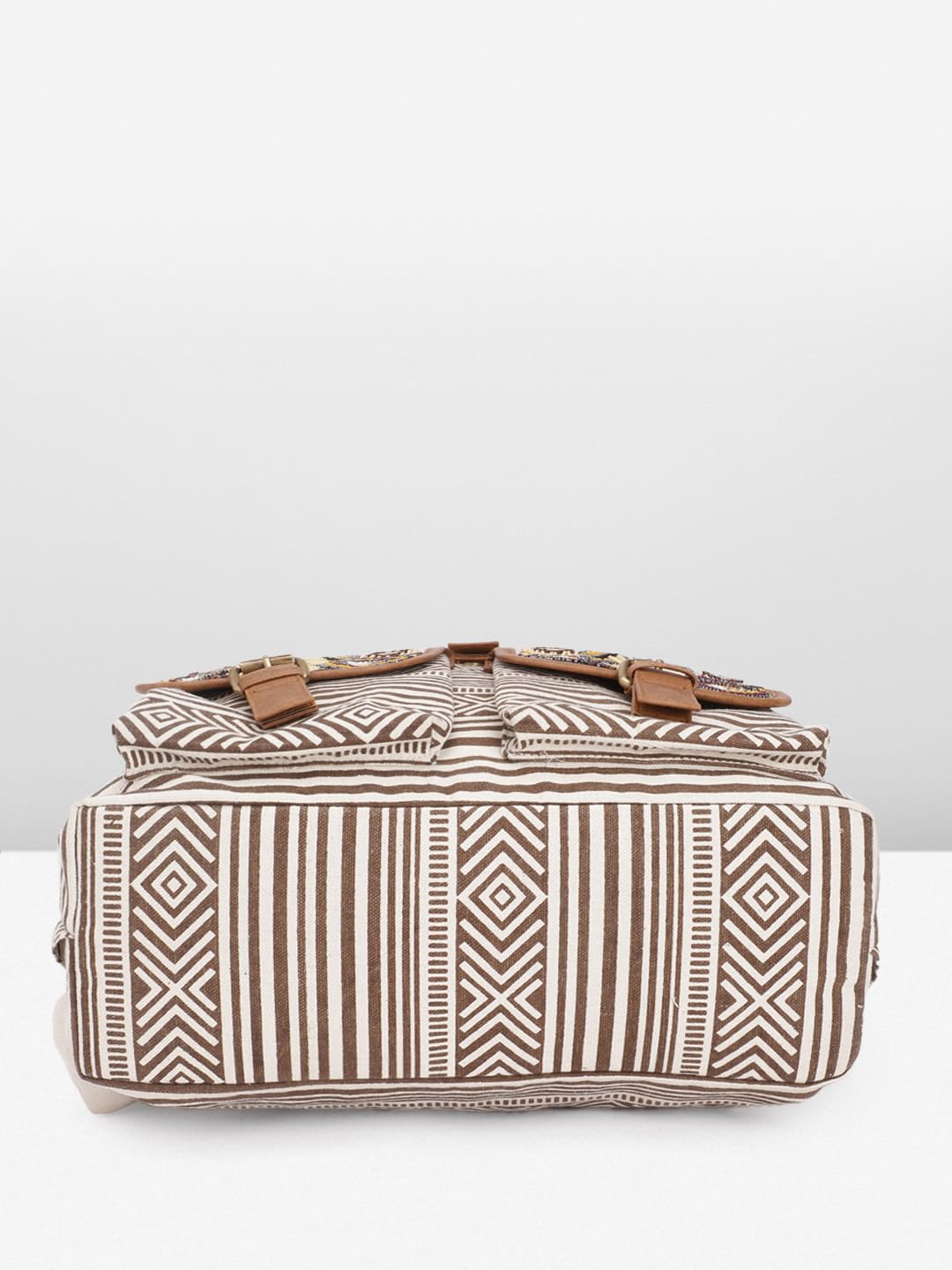 PRIMROSE Boho Canvas Backpack, Beaded Geometric Pattern, Brown and White Striped with Tassels