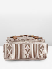 PRIMROSE Boho Canvas Backpack, Beaded Geometric Pattern, Brown and White Striped with Tassels