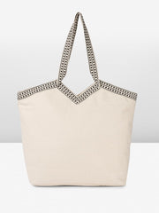 PRIMROSE Woven Beach Tote Bag, Natural Cream with Pink Embroidery, Black Striped Handles
