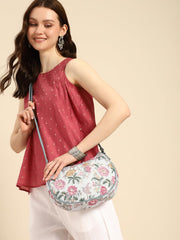 Floral Print Crossbody Handbag, Mint Green Trim, White Canvas with Pink Roses