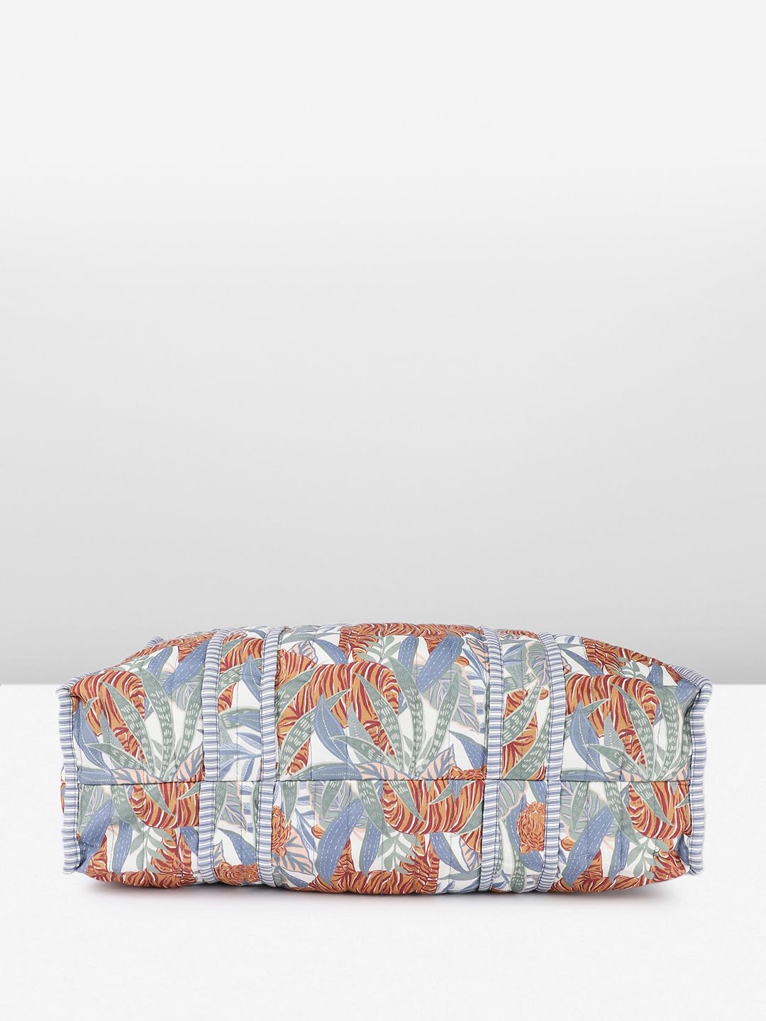 PRIMROSE Large Tropical Tiger Print Canvas Tote Bag, Blue and Orange Floral Pattern, Striped Trim