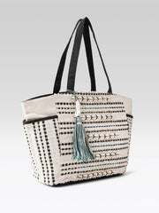 PRIMROSE Woven Beach Tote Bag with Tassel, Black and White Striped Pattern, Turquoise Accent