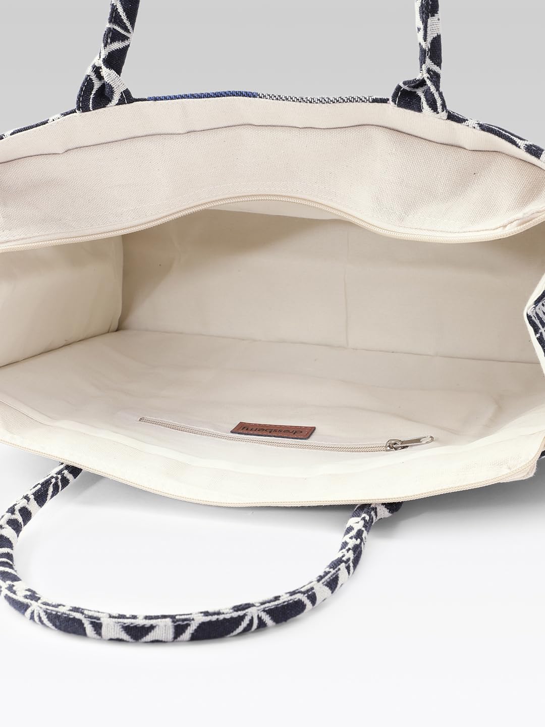 PRIMROSE Floral Pattern Canvas Tote Bag with Grey and Navy Stripes, Black and White