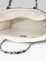 PRIMROSE Floral Pattern Canvas Tote Bag with Grey and Navy Stripes, Black and White
