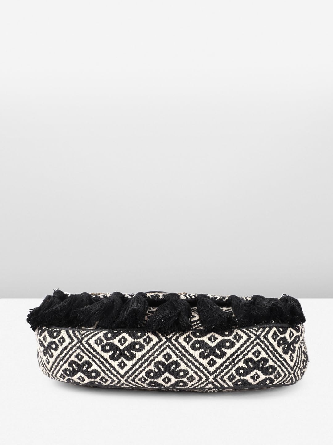 PRIMROSE Geometric Jacquard Cotton Sling Bag, Beige with Black Tassels, 15 x 22 x 5 cm, Boho Style