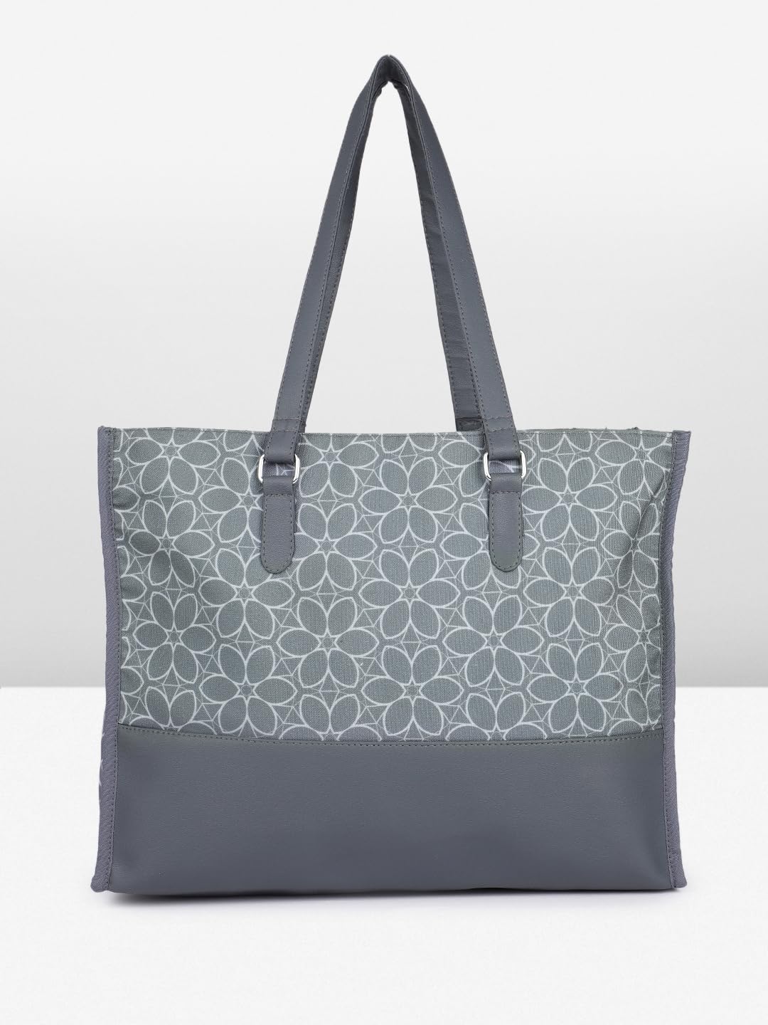 PRIMROSE Floral Pattern Canvas Tote Bag, Grey and White, Double Handle Shoulder Straps