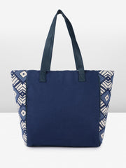PRIMROSE Geometric Pattern Canvas Tote Bag, Navy Blue and White, Large Shoulder Bag with Decorative Tassels