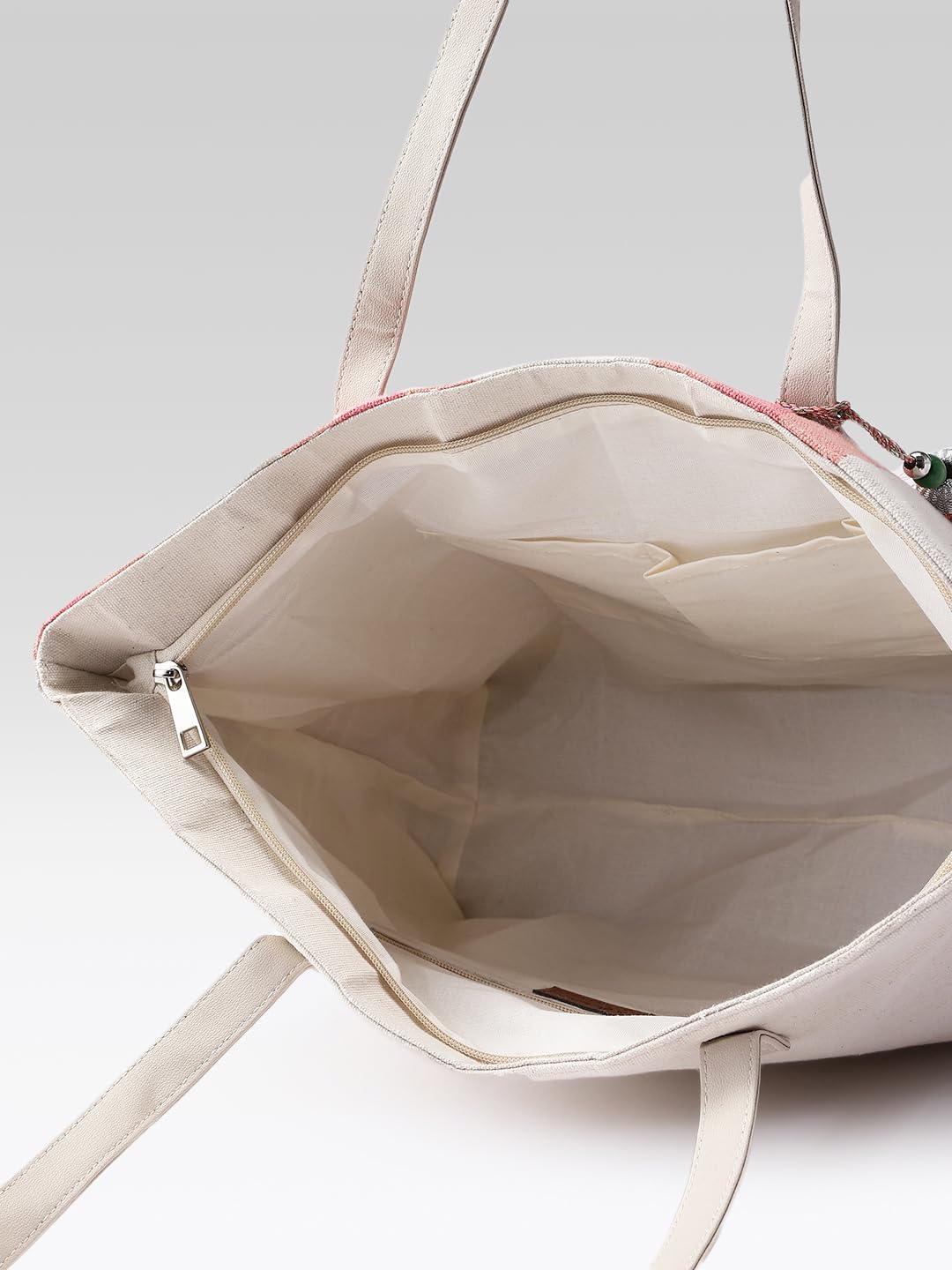 PRIMROSE Canvas Beach Tote Bag with Flamingo Design, Pink and White Stripes, Decorative Tassel