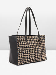 PRIMROSE Classic Houndstooth Pattern Tote Bag, Black and Beige, PU Leather Trim