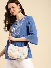 Ladies Floral Crossbody Bag, Beige Canvas with Pastel Embellishments, Studded Stripes Design