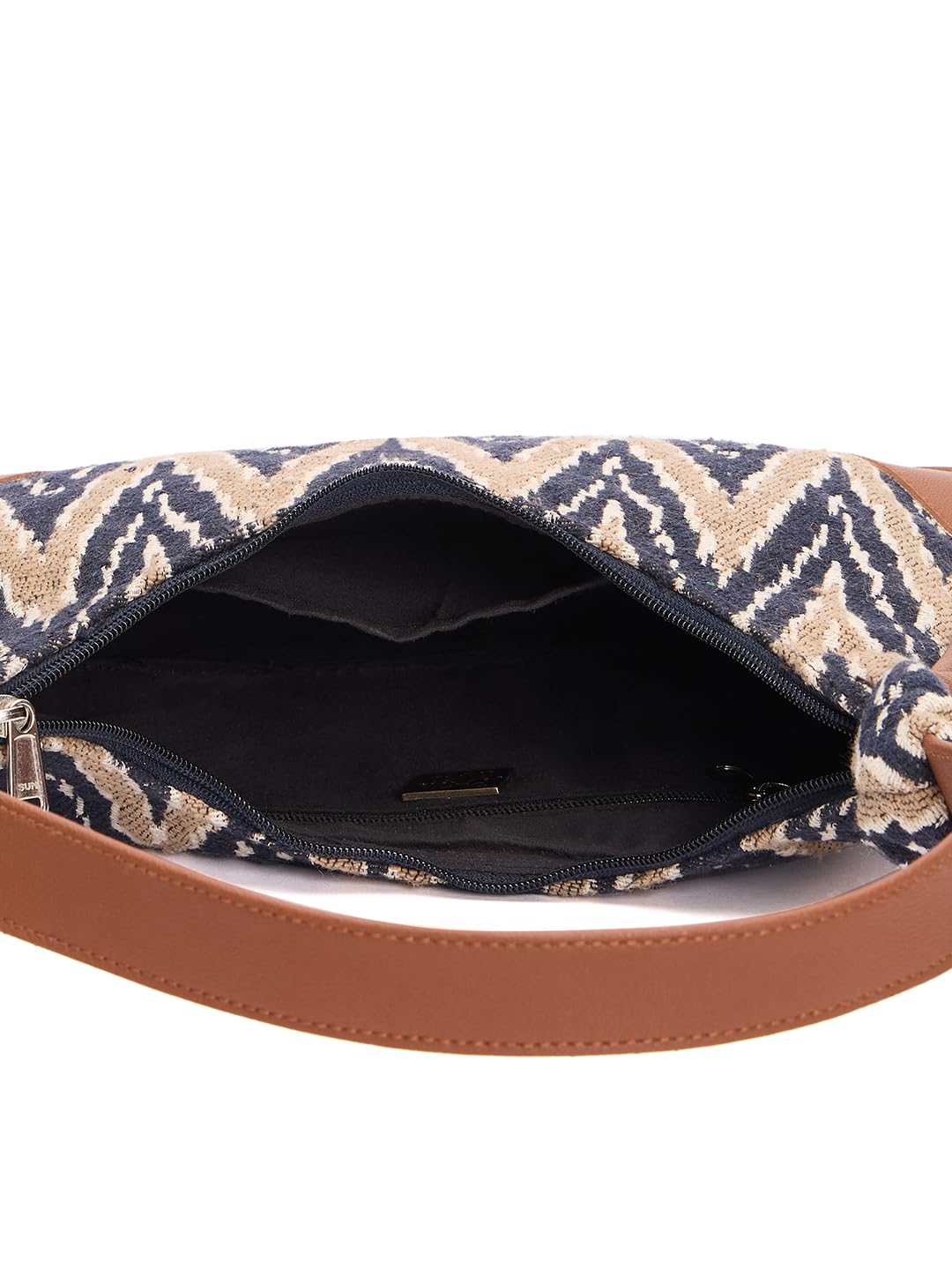 RIMROCK Chevron Pattern Hobo Handbag, Brown Pu Trim, Navy and Beige Canvas