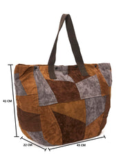 RIMROCK Patchwork Suede Tote Bag, Large Casual Shopper, Brown and Grey Geometric Design