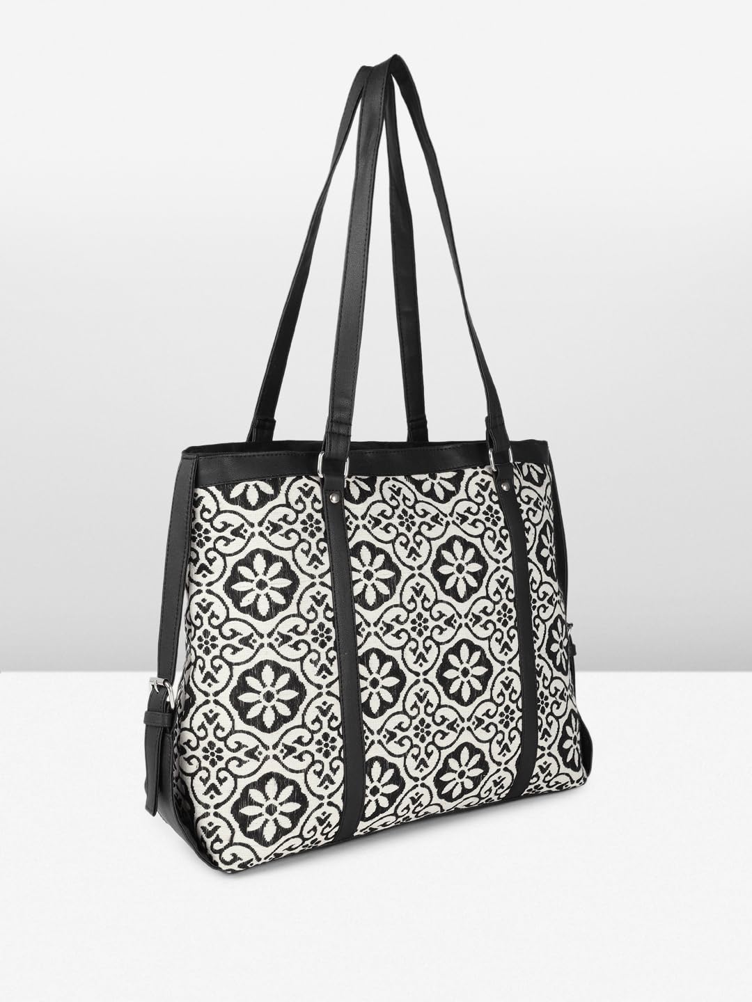 PRIMROSE Floral Pattern Canvas Tote Bag, Black and White, Double Handle Shoulder Handbag