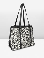 PRIMROSE Floral Pattern Canvas Tote Bag, Black and White, Double Handle Shoulder Handbag