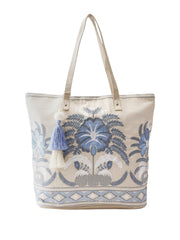 PRIMROSE Embroidered Canvas Tote Bag with Blue Floral Design, Decorative Tassels, Cream Colour