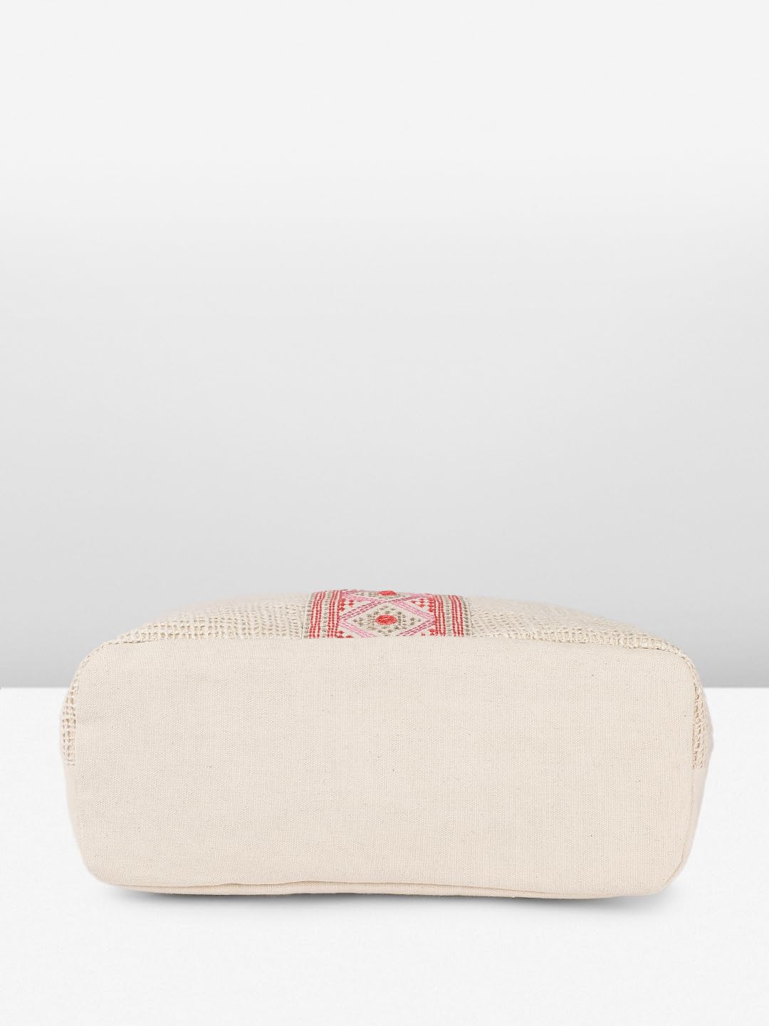 PRIMROSE Woven Beach Tote Bag, Natural Cream with Pink Embroidery, Black Striped Handles