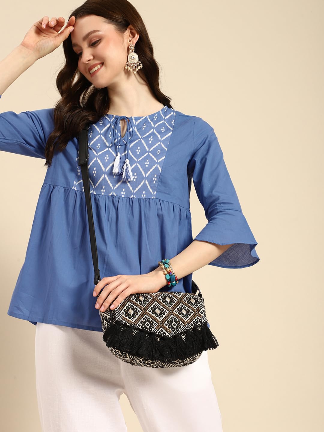 PRIMROSE Geometric Jacquard Cotton Sling Bag, Beige with Black Tassels, 15 x 22 x 5 cm, Boho Style