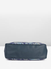 PRIMROSE Floral Paisley Print Tote Bag with Tassel, Navy Blue and White Pattern, Double Handles