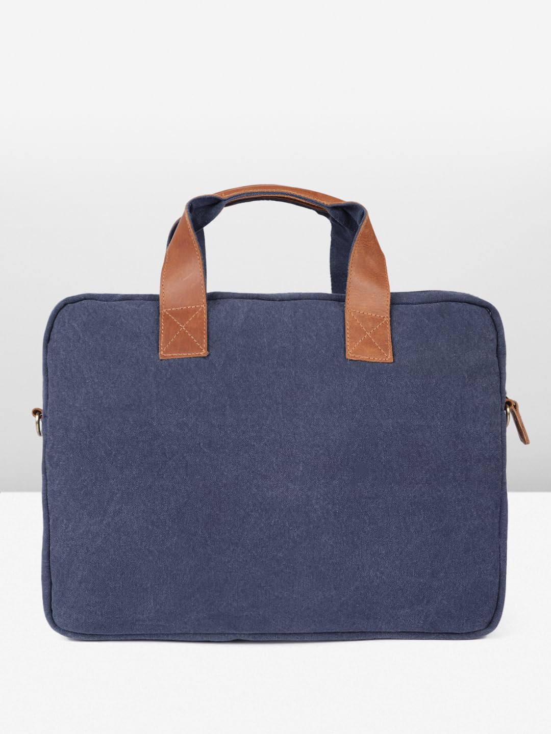 PRIMROSE Canvas Laptop Bag, Navy Blue with Brown Leather Handles, Dual Front Pockets, Shoulder Strap