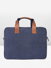 PRIMROSE Canvas Laptop Bag, Navy Blue with Brown Leather Handles, Dual Front Pockets, Shoulder Strap