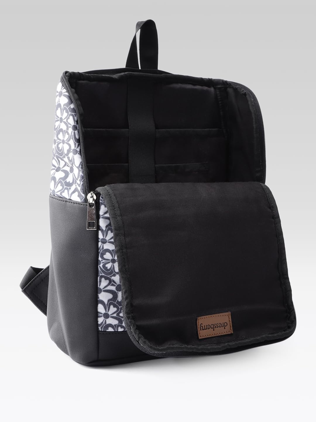 PRIMROSE Floral Pattern Backpack, Black and Grey, Multiple Zipper Compartments, Fashion Daypack