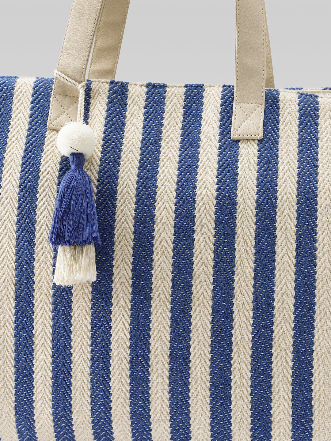 PRIMROSE Striped Tote Bag, Blue and Cream, Canvas Material, Patchwork Design, Shoulder Bag (Blue & Cream)