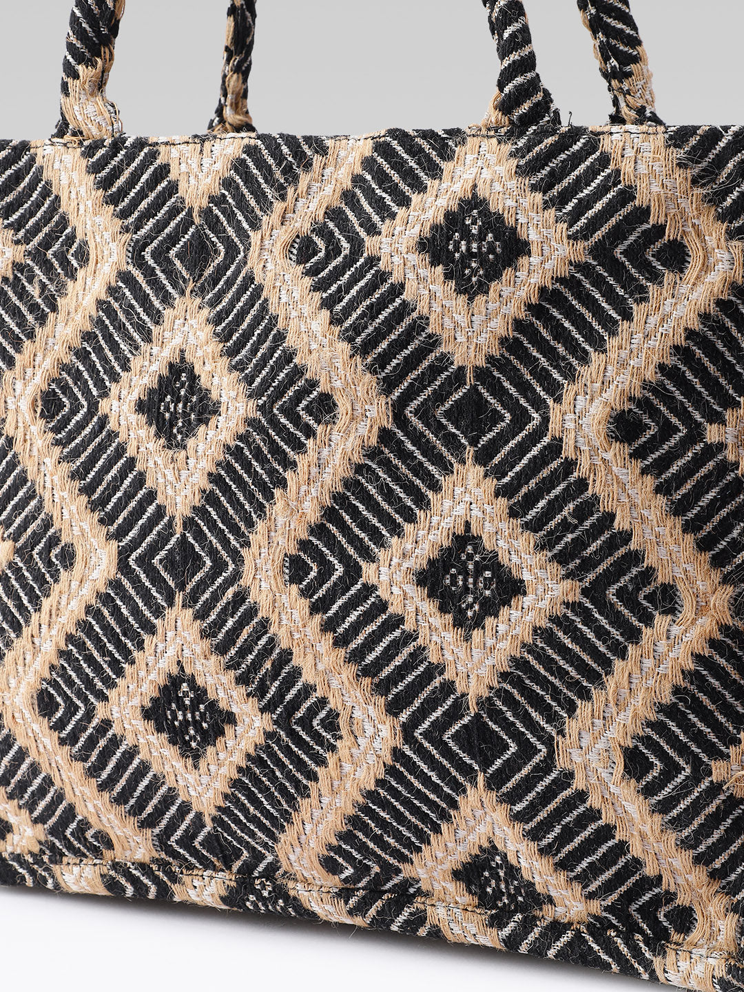 PRIMROSE Jute Tote Bag, Black and Natural Diamond Pattern, Handwoven