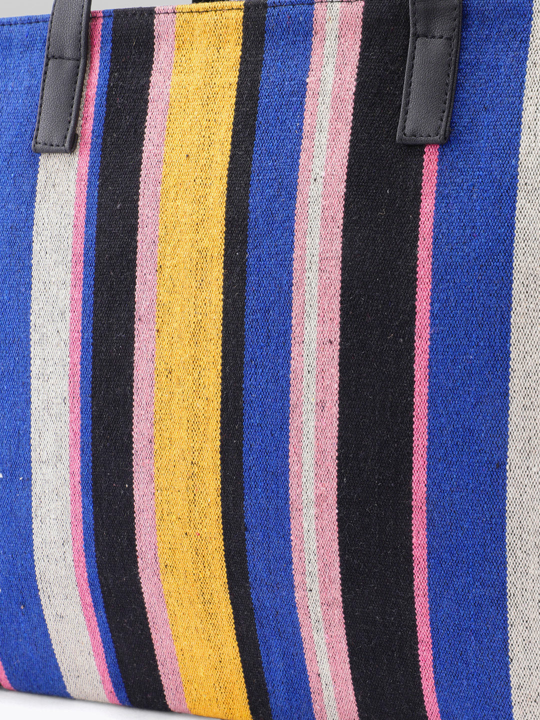 PRIMROSE Striped Tote Bag, Multicolor Canvas, Black Leather Handles, Yellow Blue Pink Stripes