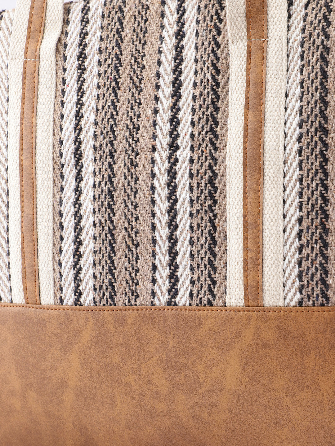 PRIMROSE Woven Tote Bag, Striped Pattern, Brown Leather Trim, Canvas Handles, Shoulder Bag