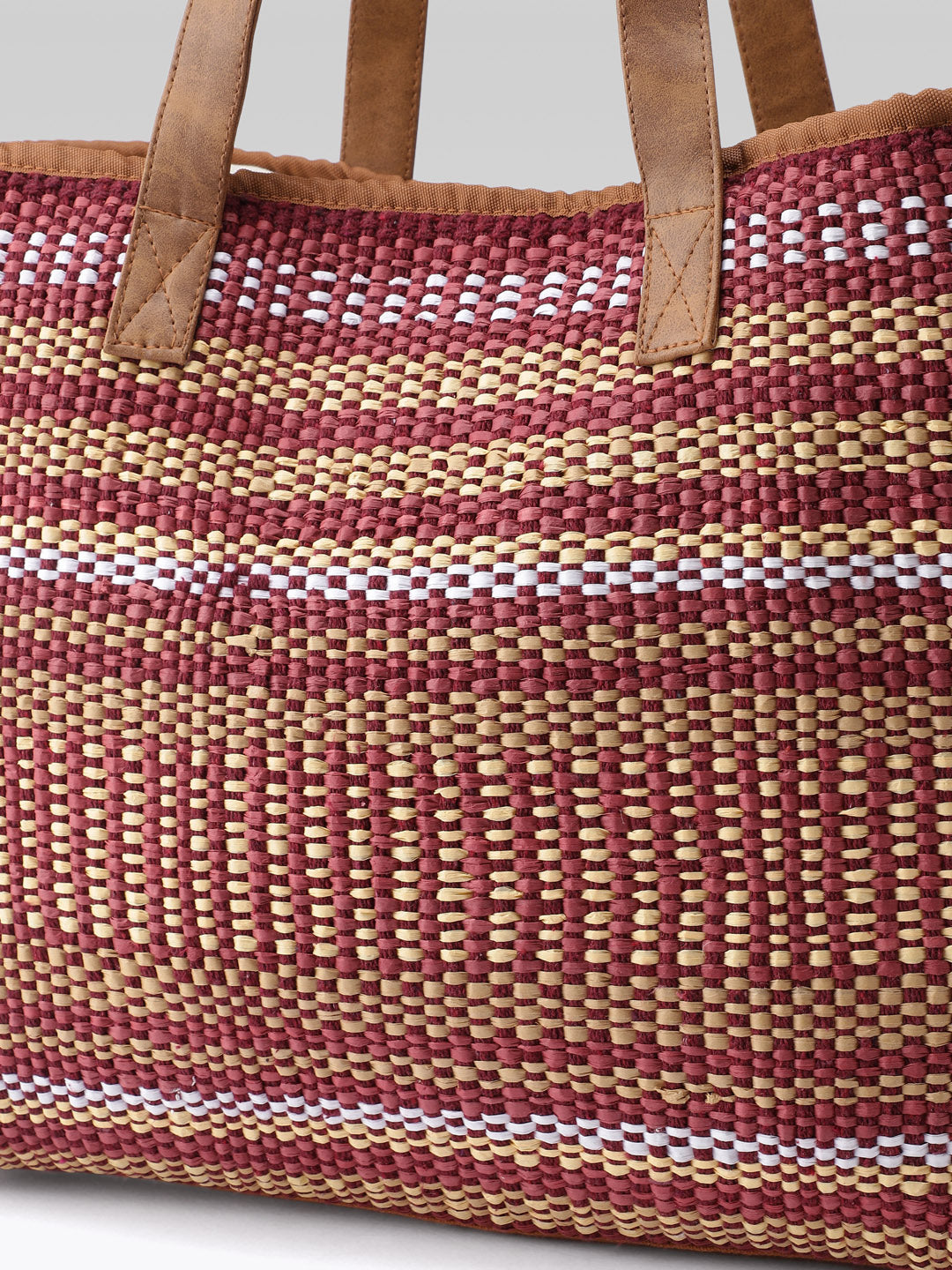 PRIMROSE Handwoven Tote Bag, Burgundy and Beige Striped Pattern