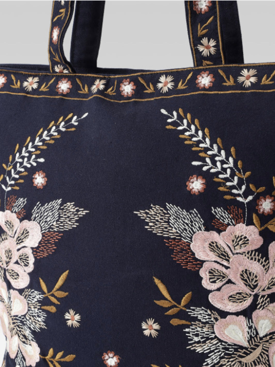 PRIMROSE Floral Embroidered Tote Bag, Navy Blue, Zipper Closure, Boho Style