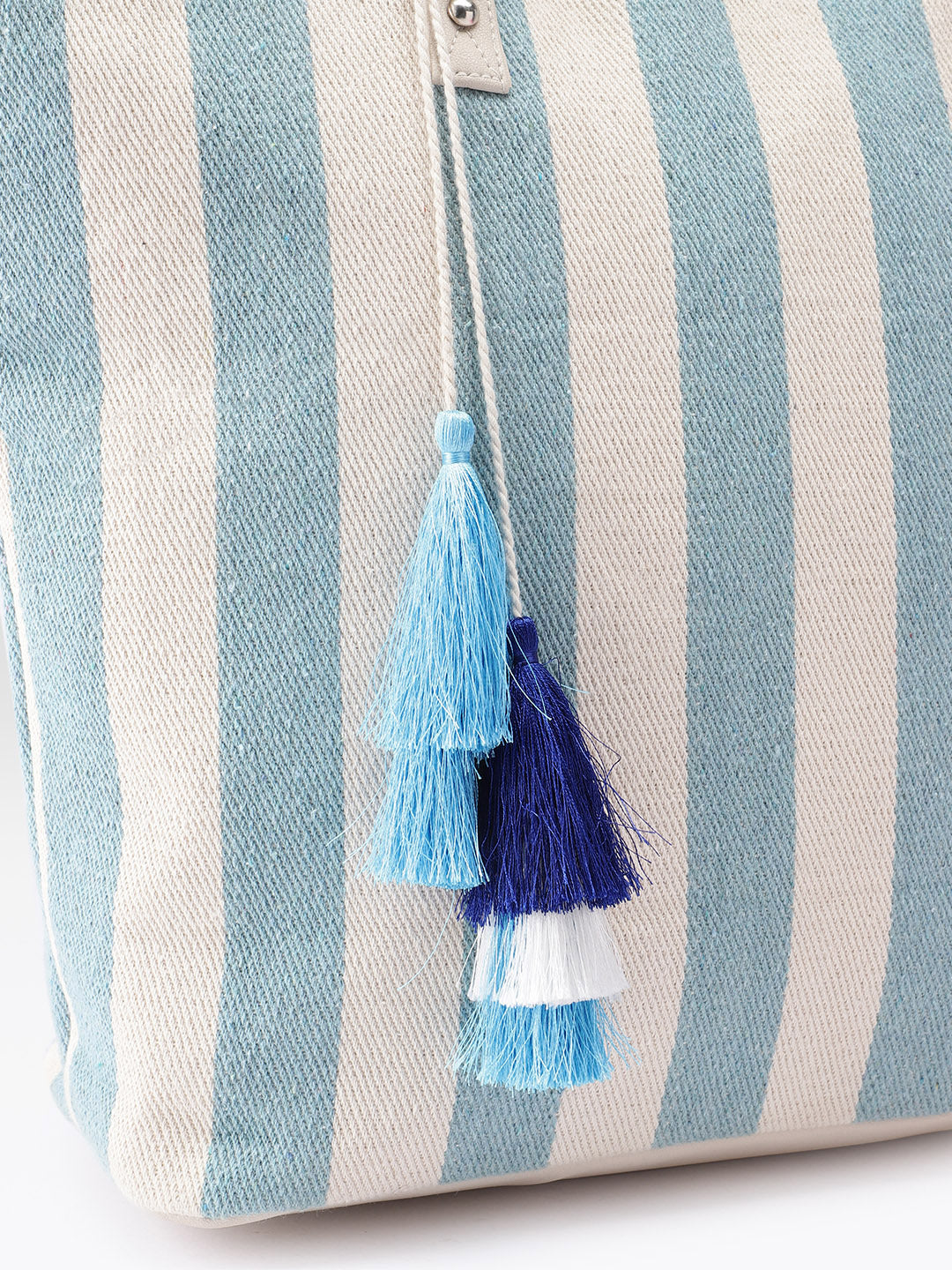 PRIMROSE Striped Tote Bag with Tassel, Blue and Cream, Cotton Material, Shoulder Bag with Beige Handles