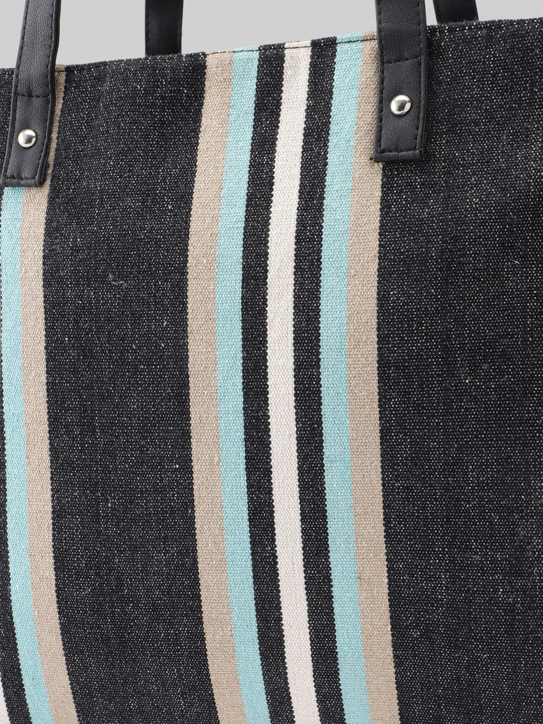 PRIMROSE Striped Beach Tote Bag, Jacquard Material, Black with Turquoise and Beige Stripes, Fringe Detail, Shoulder Straps