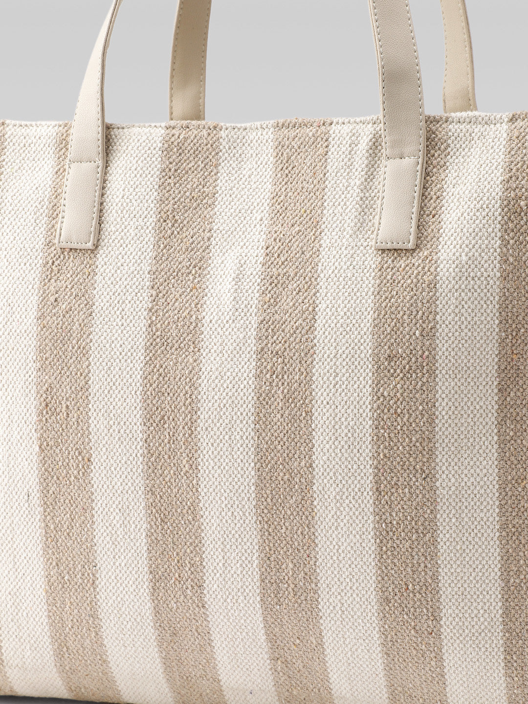 PRIMROSE Striped Tote Bag, Beige and White Vertical Stripes, Canvas Material, Shoulder Handbag with Handles