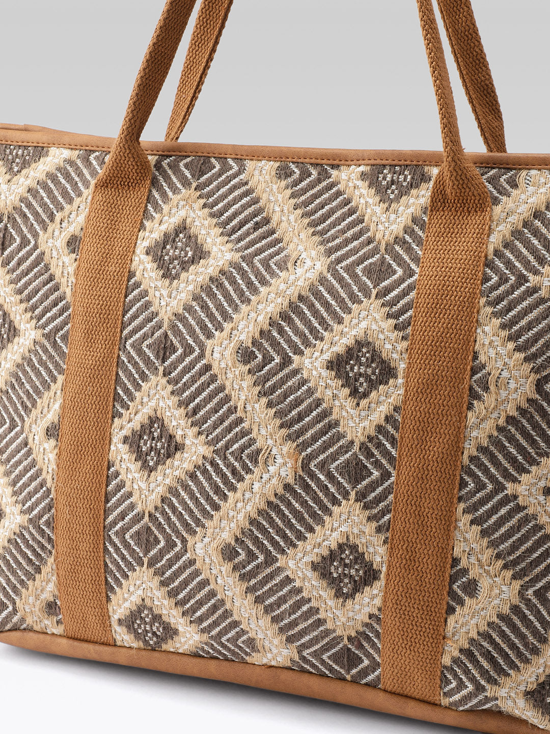 PRIMROSE Woven Tote Bag, Geometric Pattern, Brown and Beige