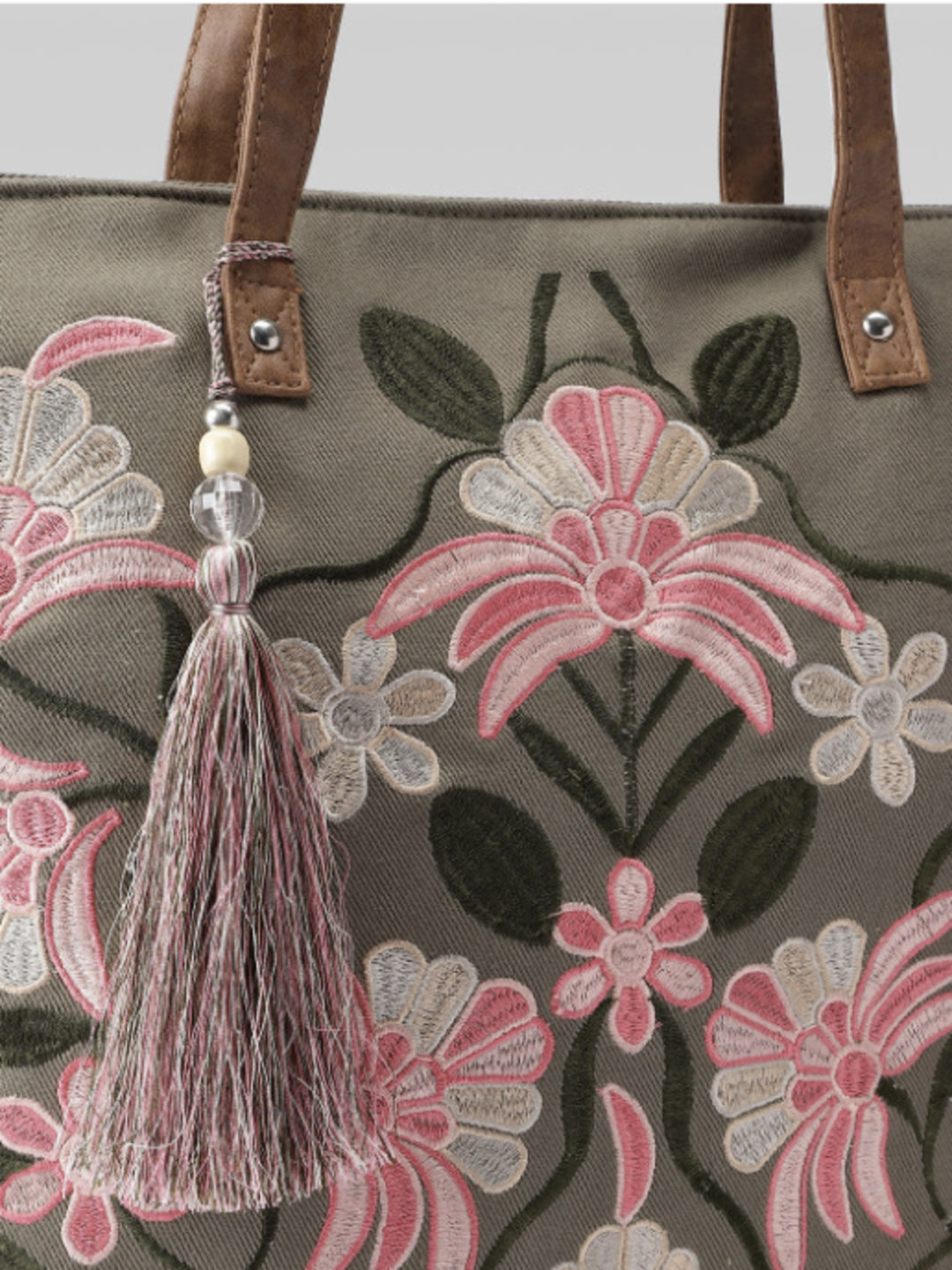 PRIMROSE Floral Embroidered Tote Bag, Olive Green, With Tassel Charm, Boho Style