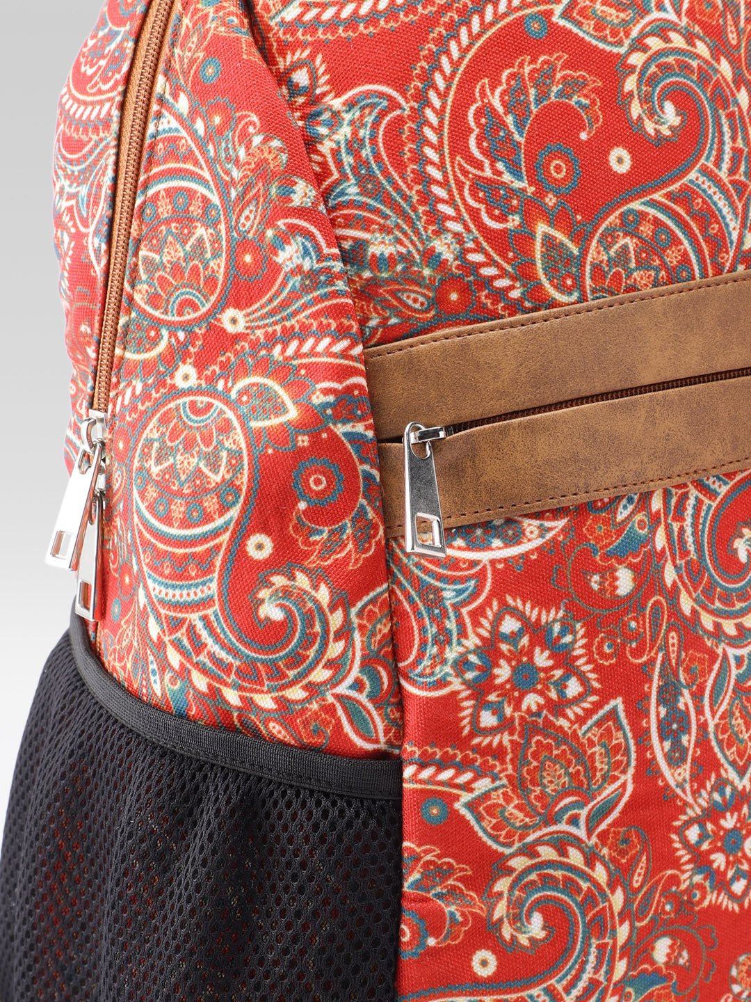 PRIMROSE Paisley Print Backpack, Red, Canvas with Suede Accent, Black Straps, Side Pockets