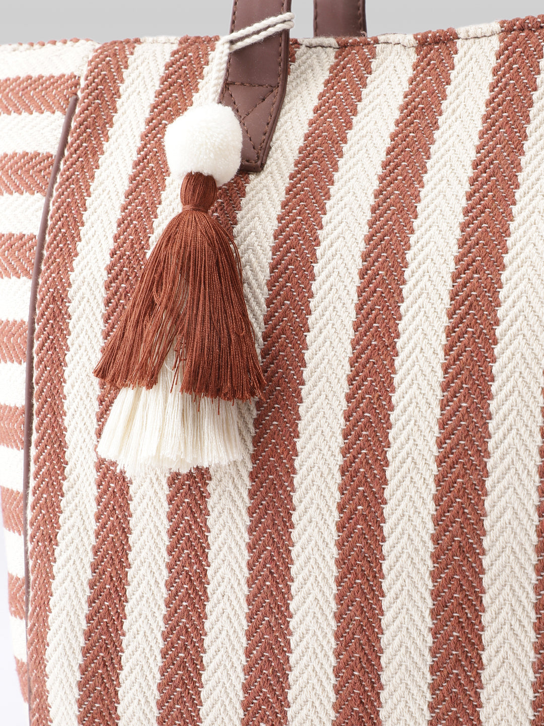 PRIMROSE Striped Tote Bag, Brown and Cream Vertical Stripes, Tassel Charm Detail