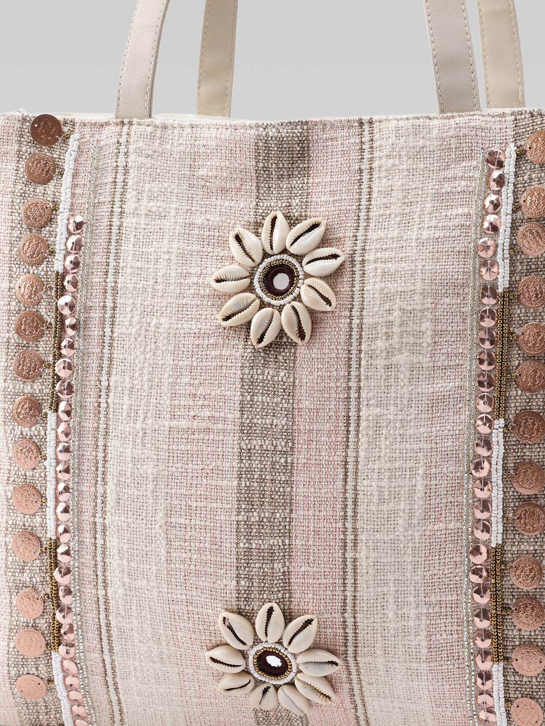 PRIMROSE Striped Tote Bag with Floral Embellishment, Beige, Jacquard, Shoulder Bag, Embroidered Design