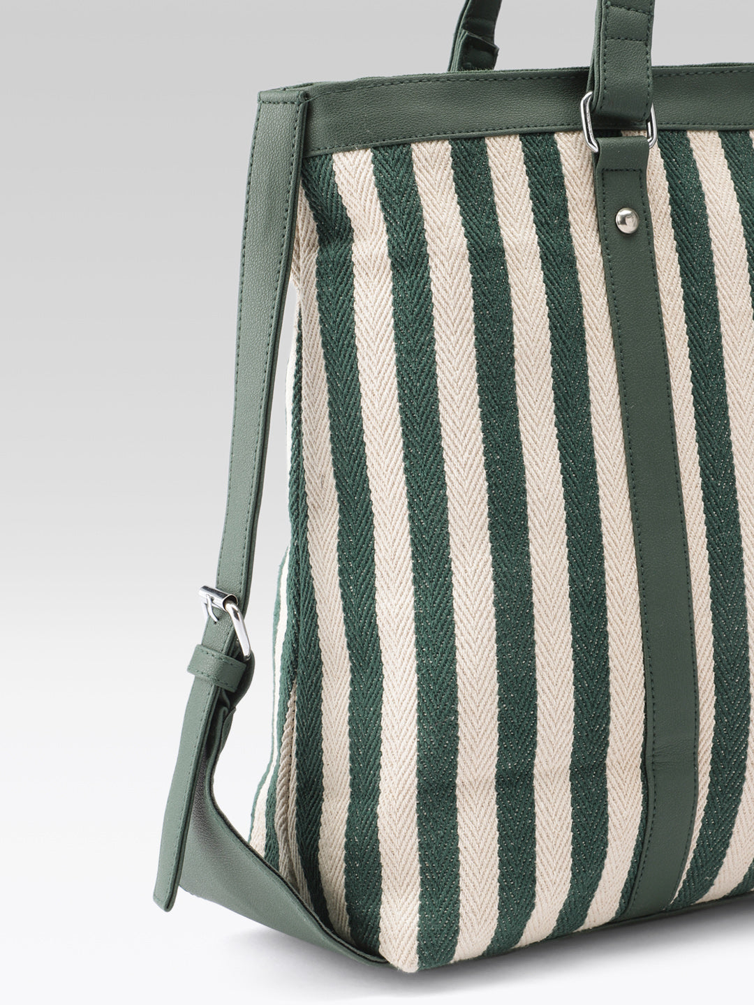 PRIMROSE Striped Canvas Tote Bag, Green and Beige, Shoulder Bag with Dual Handles