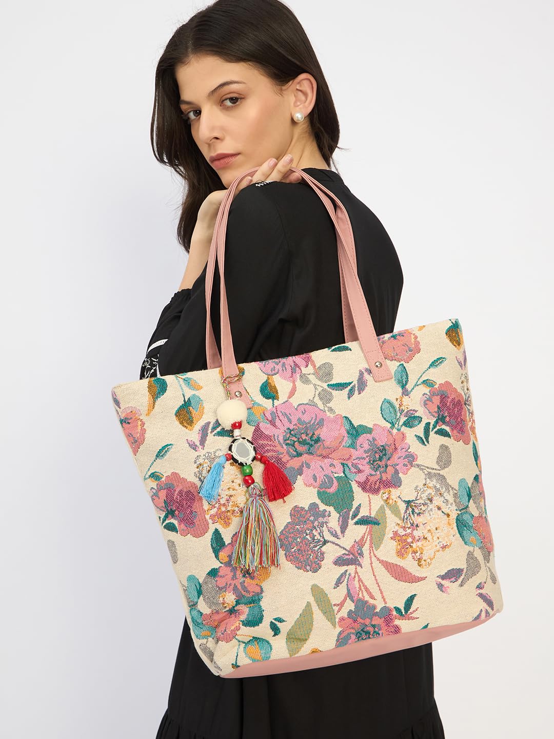 PRIMROSE Floral Cotton Tote Bag, Off White with Pink Handles, 41 x 33 cm, Tassel Detail